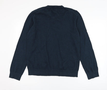 H&M Mens Green V-Neck  Cotton Pullover Jumper Size M