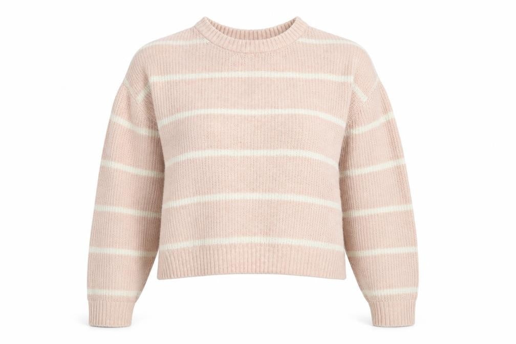 Front view of Divided women’s pink crew neck striped acrylic jumper, size XS, - cropped