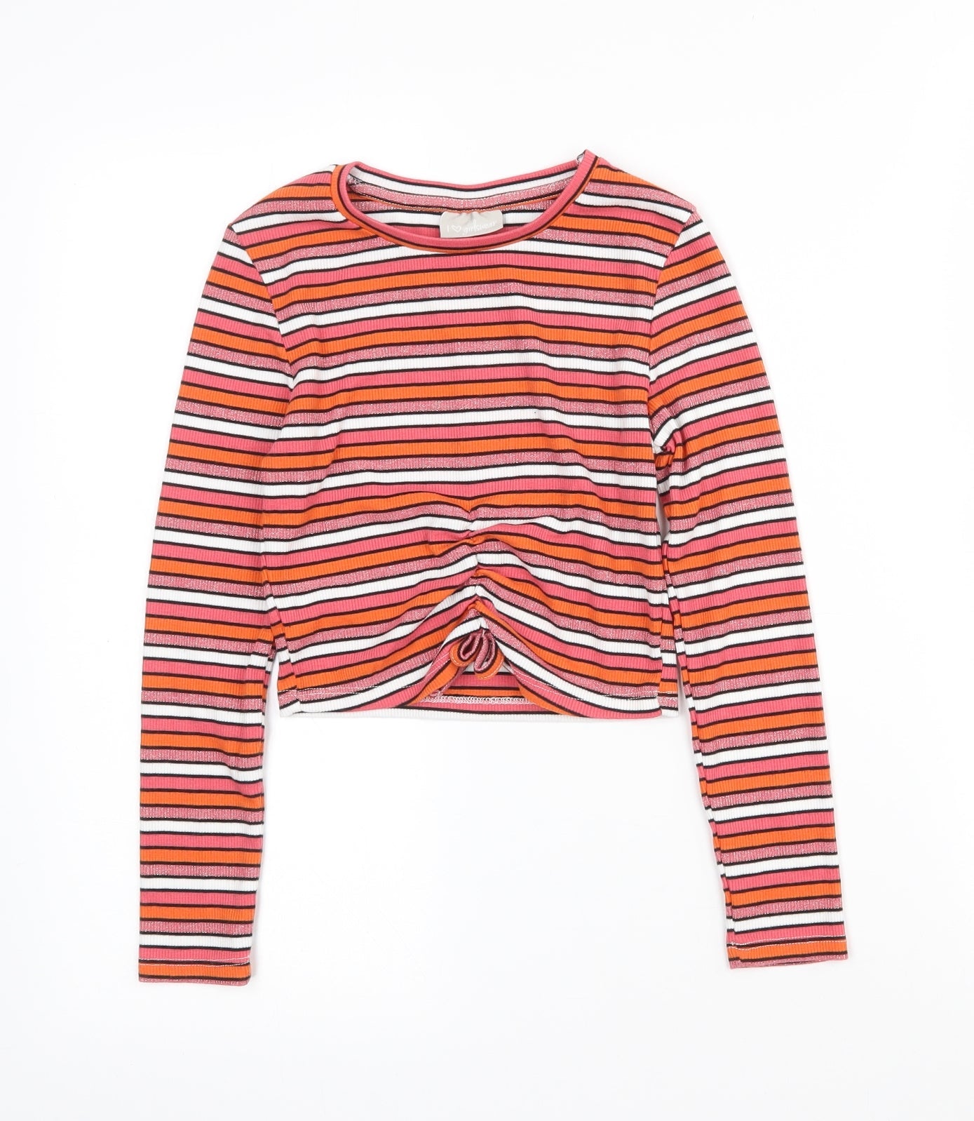 Matalan Girls Pink Striped Polyester Cropped T-Shirt Size 9 Years Crew Neck