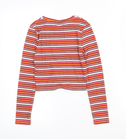 Matalan Girls Pink Striped Polyester Cropped T-Shirt Size 9 Years Crew Neck