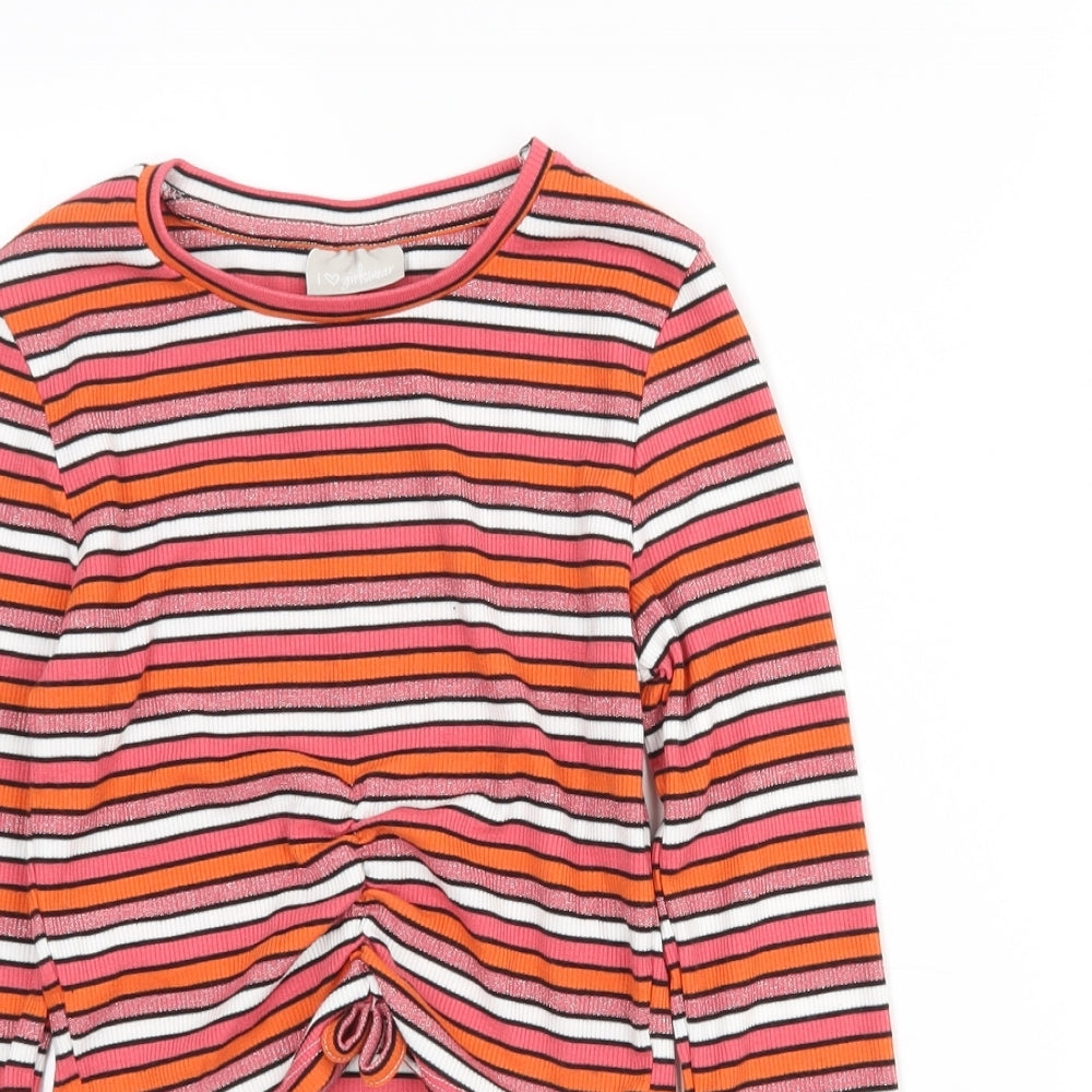 Matalan Girls Pink Striped Polyester Cropped T-Shirt Size 9 Years Crew Neck