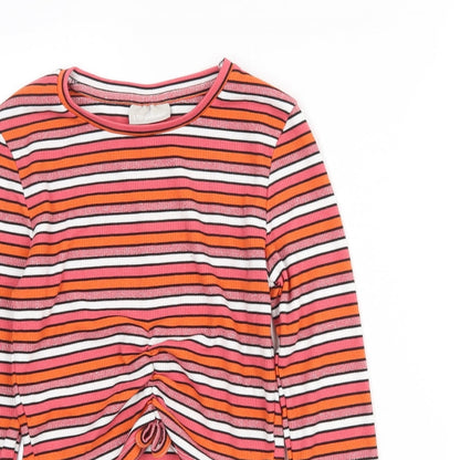 Matalan Girls Pink Striped Polyester Cropped T-Shirt Size 9 Years Crew Neck