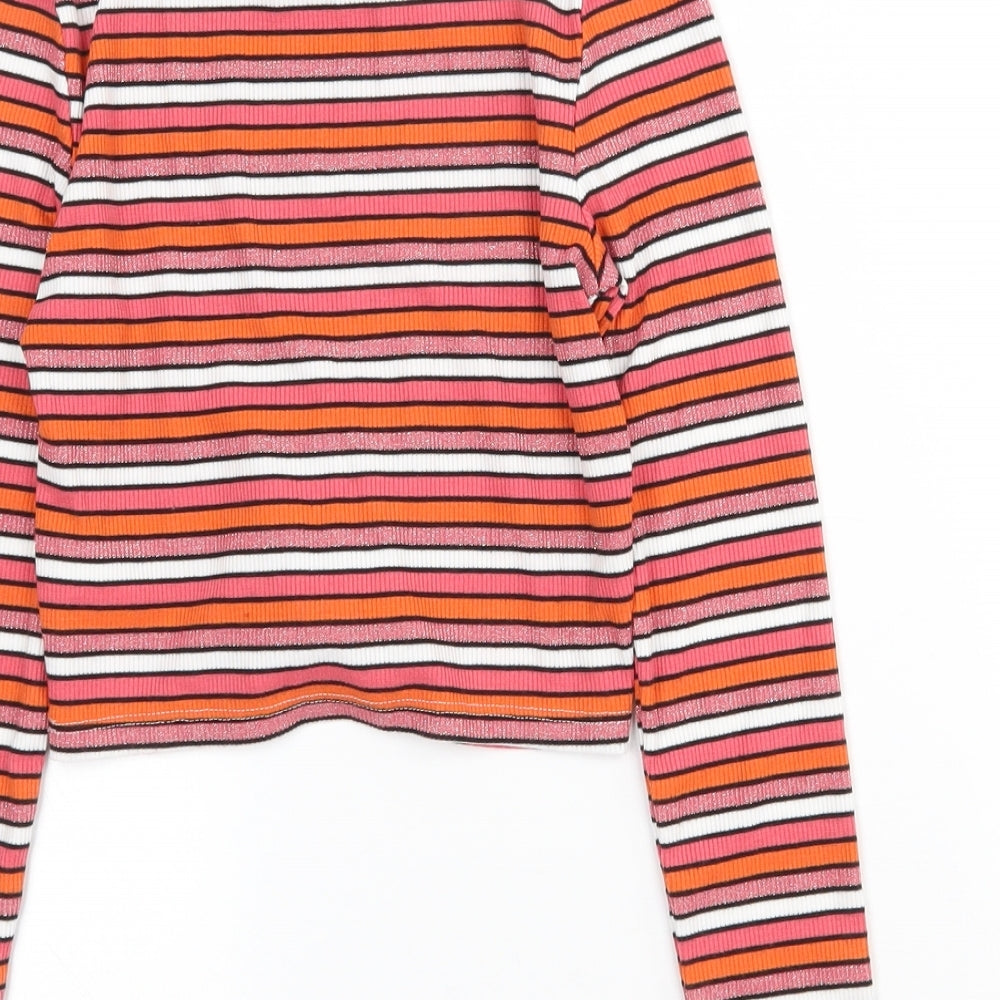 Matalan Girls Pink Striped Polyester Cropped T-Shirt Size 9 Years Crew Neck
