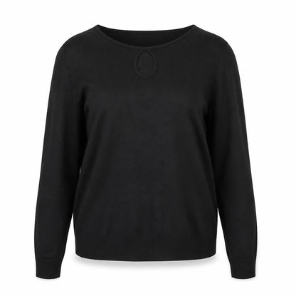 Front view of Marks & Spencer women’s black round neck acrylic jumper, size UK 10