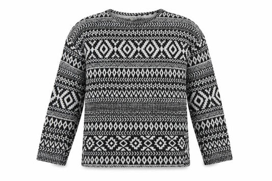 Front view of Peacocks women’s multicoloured round neck geometric polyester jumper, size M
