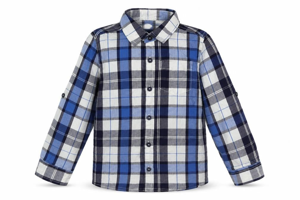 Front view of Dunnes boys’ blue plaid cotton basic button-up, size 5, years collared button