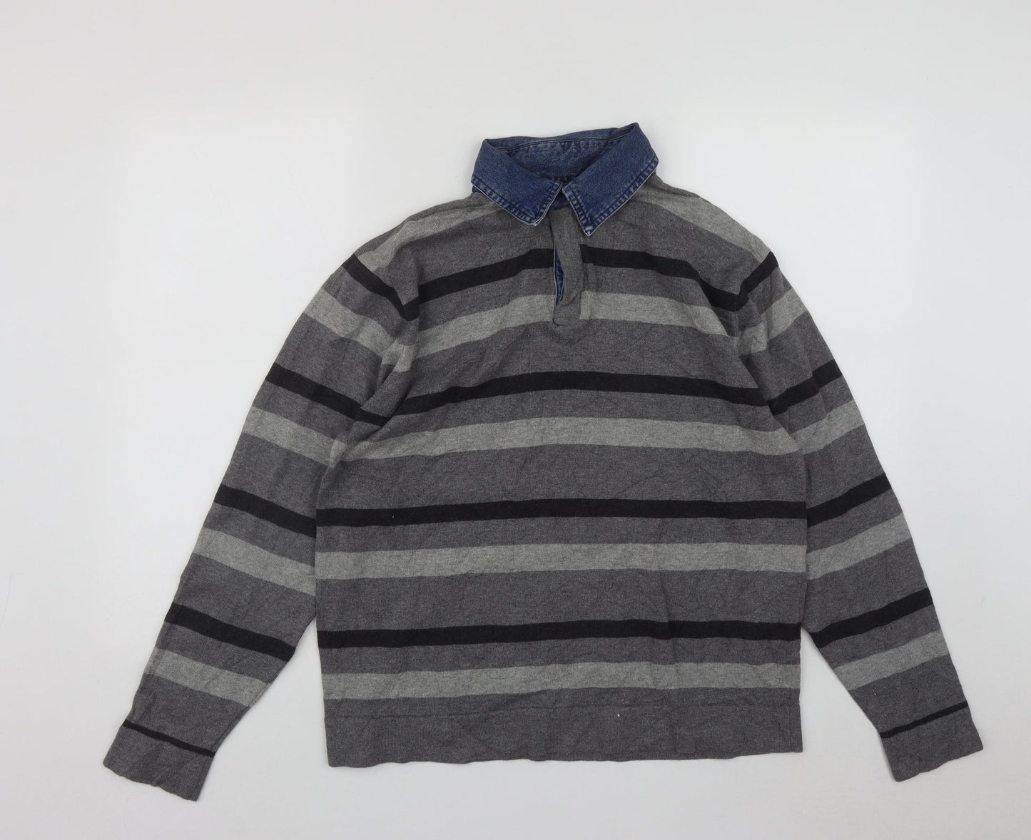 M&Co Mens Grey Collared Striped Cotton Pullover Jumper Size M