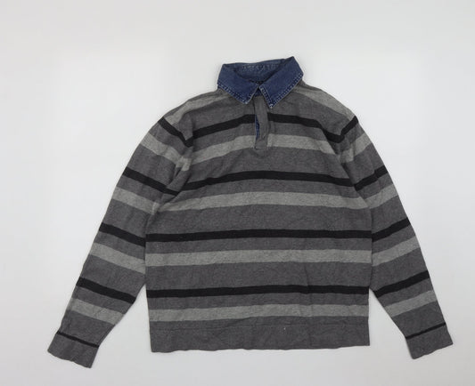 M&Co Mens Grey Collared Striped Cotton Pullover Jumper Size M