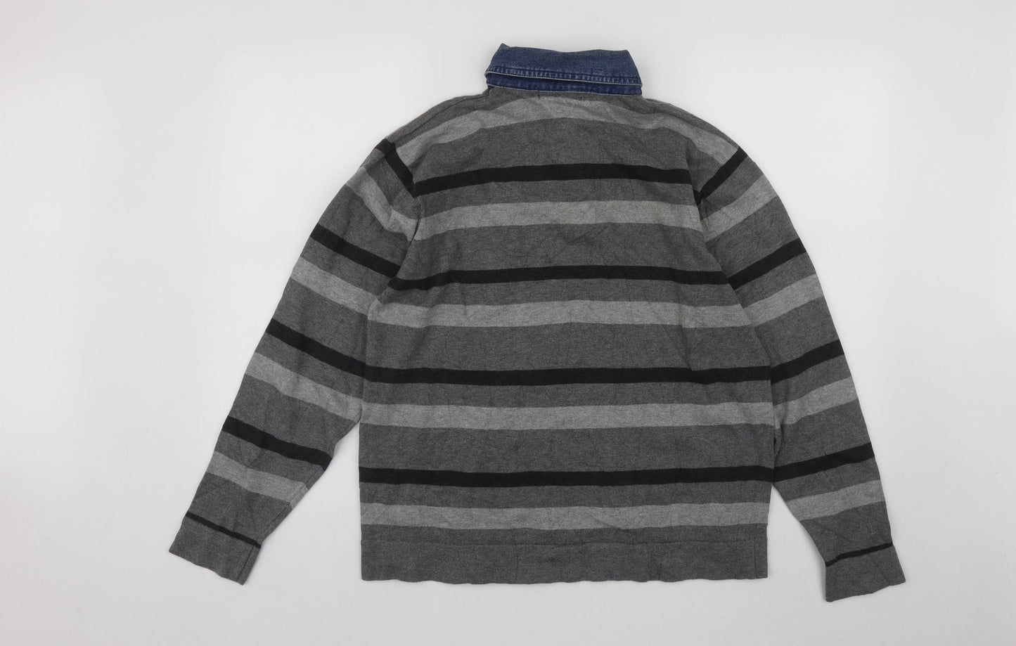 M&Co Mens Grey Collared Striped Cotton Pullover Jumper Size M