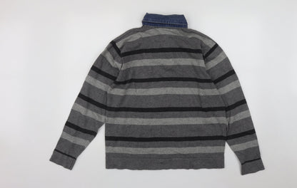 M&Co Mens Grey Collared Striped Cotton Pullover Jumper Size M