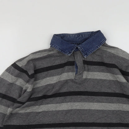 M&Co Mens Grey Collared Striped Cotton Pullover Jumper Size M