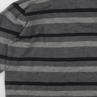 M&Co Mens Grey Collared Striped Cotton Pullover Jumper Size M