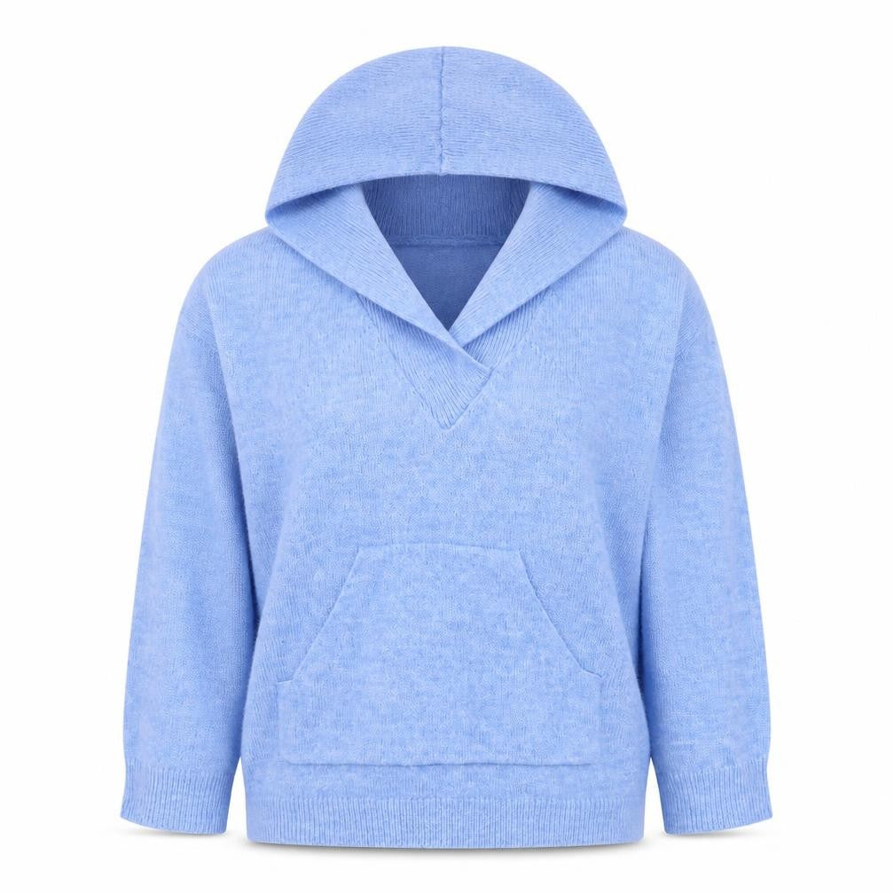 Front view of Gallery women’s blue acrylic pullover hoodie, size S, pullover