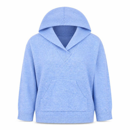 Front view of Gallery women’s blue acrylic pullover hoodie, size S, pullover
