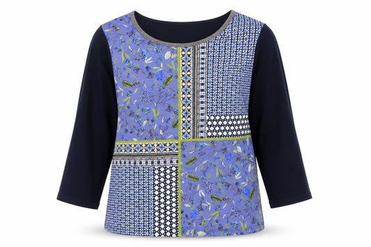 Front view of Bianca women’s blue floral polyester basic blouse, size UK 12, boat neck