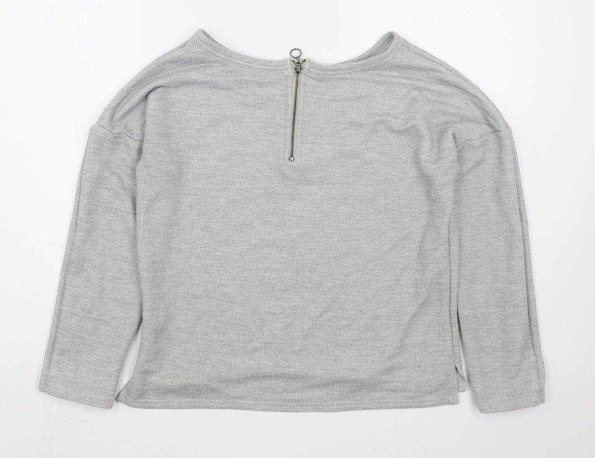Back view of New Look women’s grey polyester pullover sweatshirt, size UK 12, zip