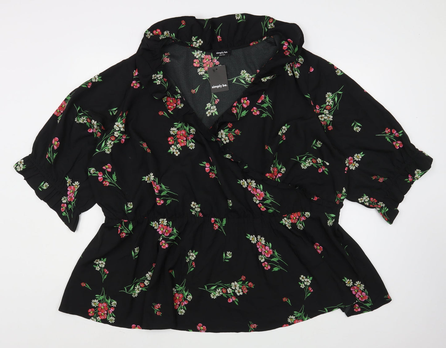 Simply Be Womens Black Floral Polyester Wrap Dress  Size 8  V-Neck Pullover