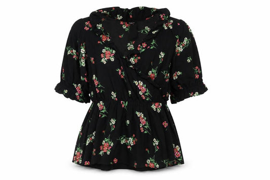 Front view of Simply Be women’s black floral polyester wrap dress, size UK 8, v-neck pullover