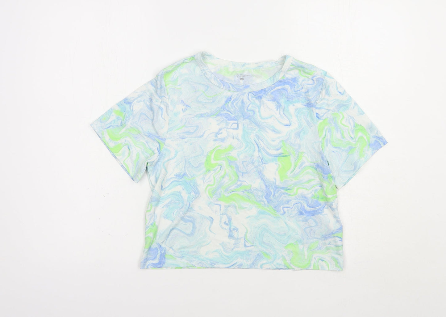 Primark Womens Blue Geometric Polyester Basic T-Shirt Size 6 Crew Neck