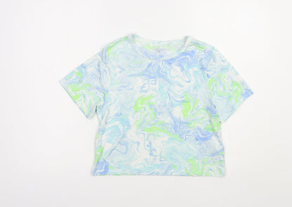 Primark Womens Blue Geometric Polyester Basic T-Shirt Size 6 Crew Neck