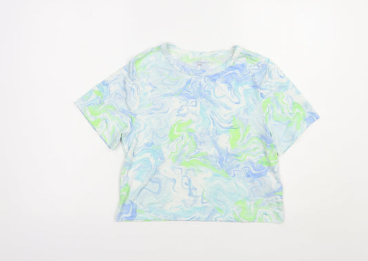 Primark Womens Blue Geometric Polyester Basic T-Shirt Size 6 Crew Neck