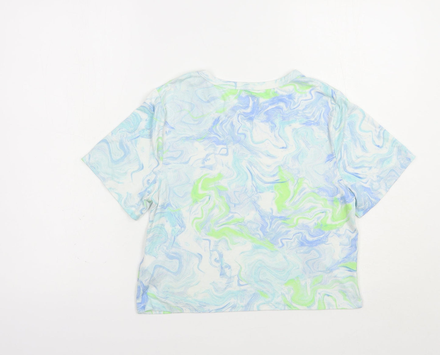 Primark Womens Blue Geometric Polyester Basic T-Shirt Size 6 Crew Neck