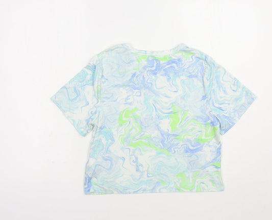 Primark Womens Blue Geometric Polyester Basic T-Shirt Size 6 Crew Neck