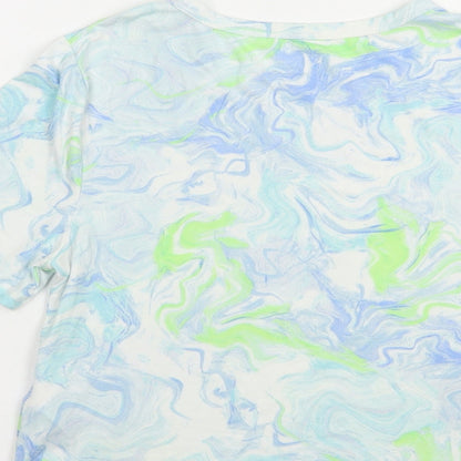 Primark Womens Blue Geometric Polyester Basic T-Shirt Size 6 Crew Neck