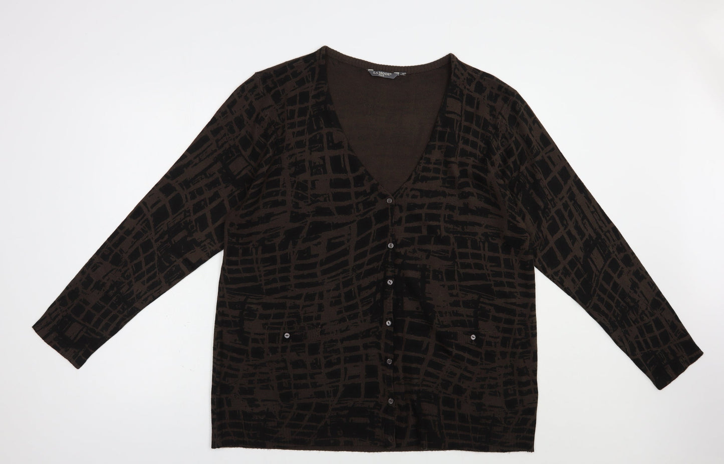 La Mode Womens Brown V-Neck Geometric Acrylic Cardigan Jumper Size XL