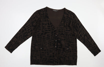La Mode Womens Brown V-Neck Geometric Acrylic Cardigan Jumper Size XL