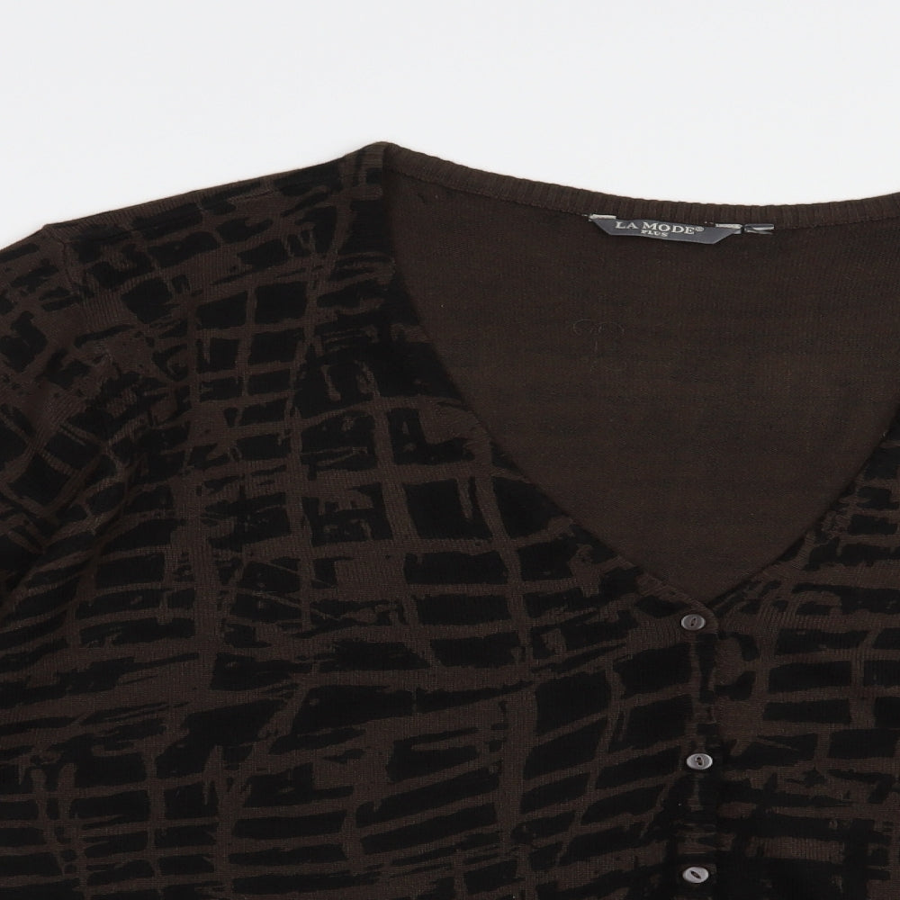 La Mode Womens Brown V-Neck Geometric Acrylic Cardigan Jumper Size XL