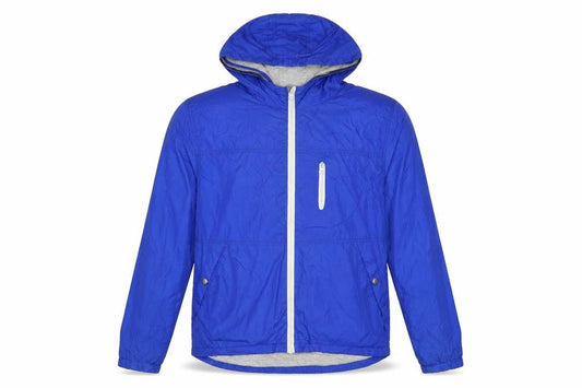 Front view of Dunnes men’s blue windbreaker jacket, size M, zip