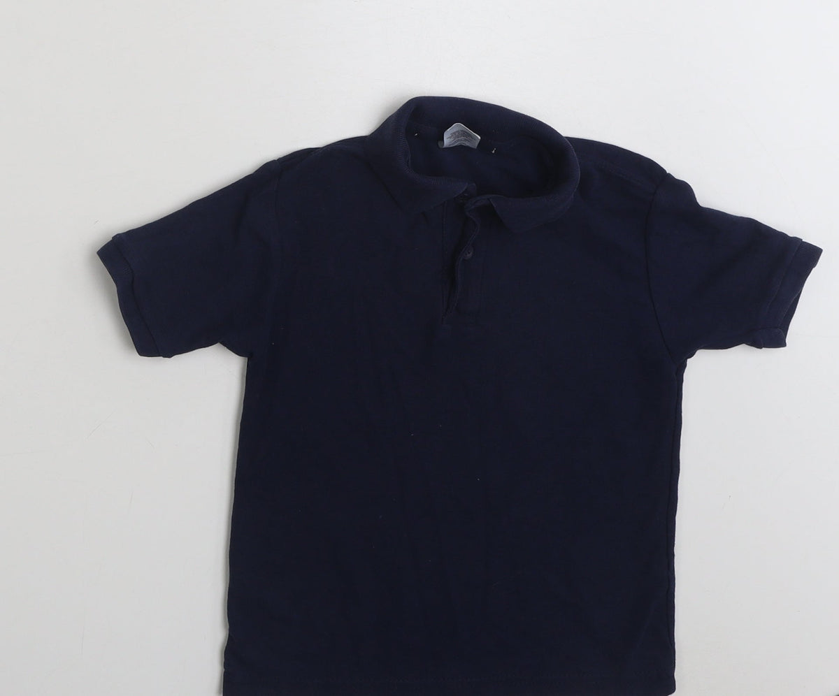 Front view of Fruit of the Loom boys’ blue polyester pullover polo, size 5-6, years collared button