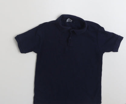 Front view of Fruit of the Loom boys’ blue polyester pullover polo, size 5-6, years collared button