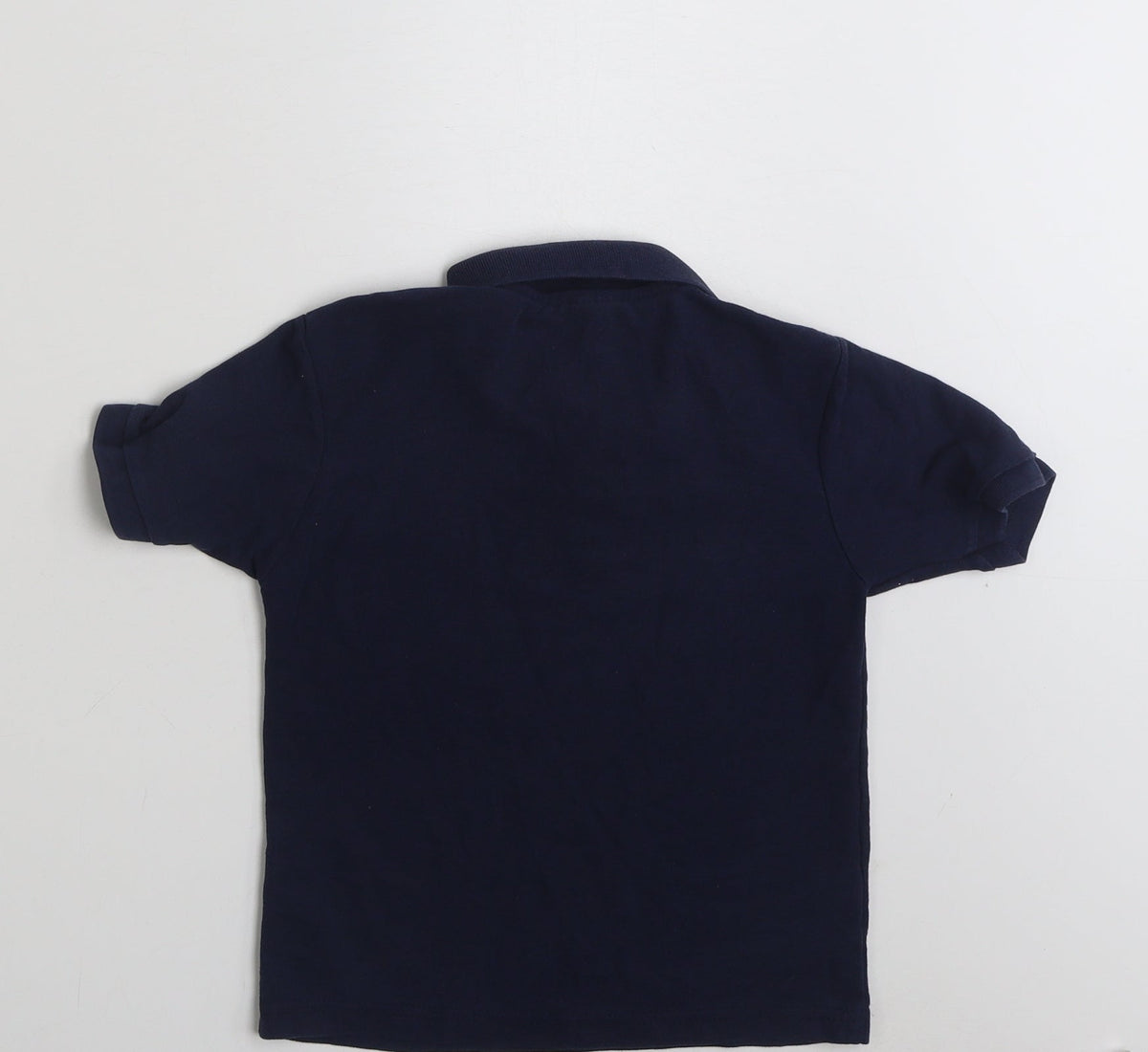 Back view of Fruit of the Loom boys’ blue polyester pullover polo, size 5-6, years collared button