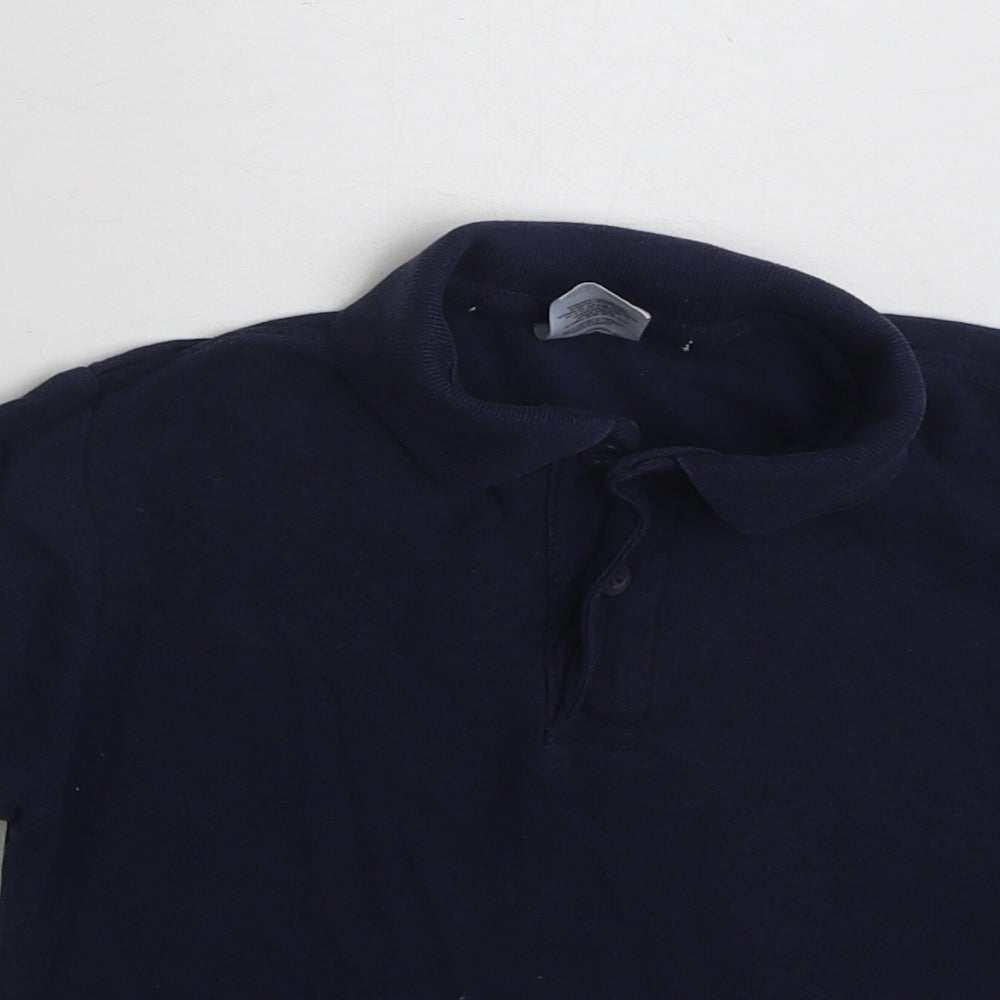Close-up detail of Fruit of the Loom boys’ blue polyester pullover polo, size 5-6, years collared button