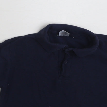 Close-up detail of Fruit of the Loom boys’ blue polyester pullover polo, size 5-6, years collared button