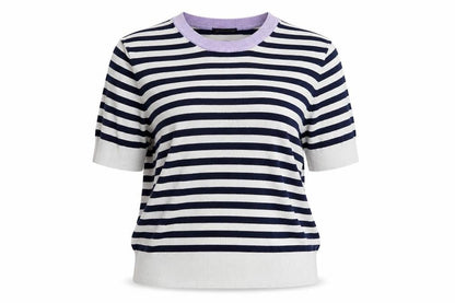 Front view of Marks & Spencer women’s blue round neck striped viscose jumper, size UK 16