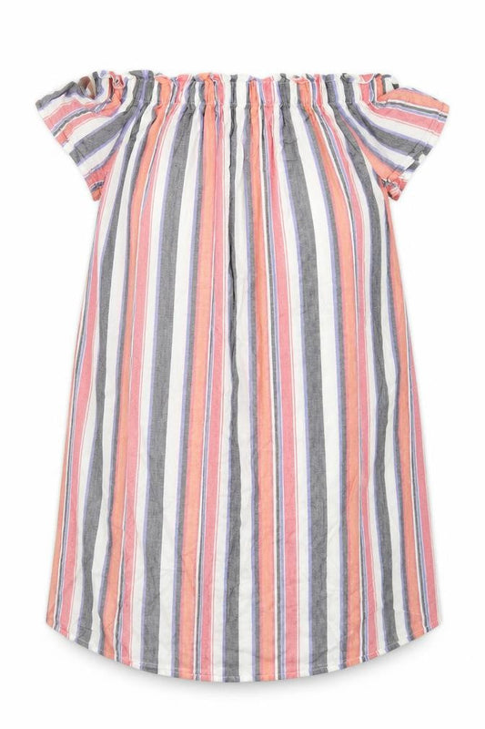 Front view of Papaya women’s red striped viscose a-line, size UK 10, off the shoulder pullover