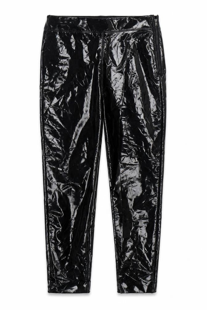 Front view of Topshop women’s black polyurethane trousers, size UK 4, 25-inch leg regular zip