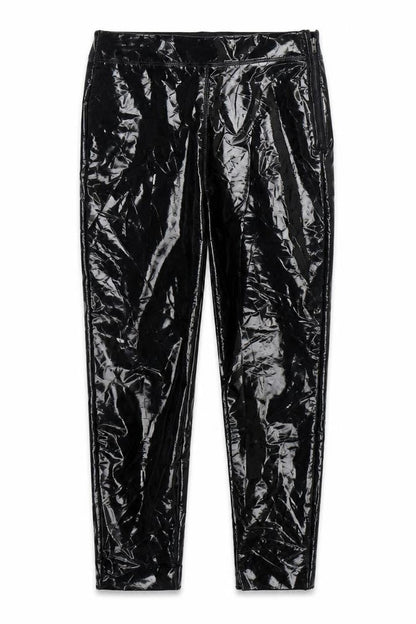 Front view of Topshop women’s black polyurethane trousers, size UK 4, 25-inch leg regular zip