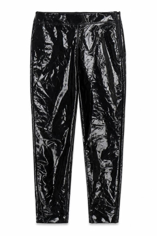 Front view of Topshop women’s black polyurethane trousers, size UK 4, 25-inch leg regular zip
