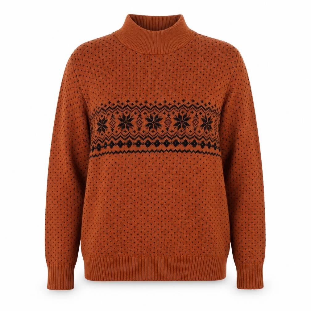 Front view of Ouvir women’s orange mock neck geometric acrylic jumper, size S