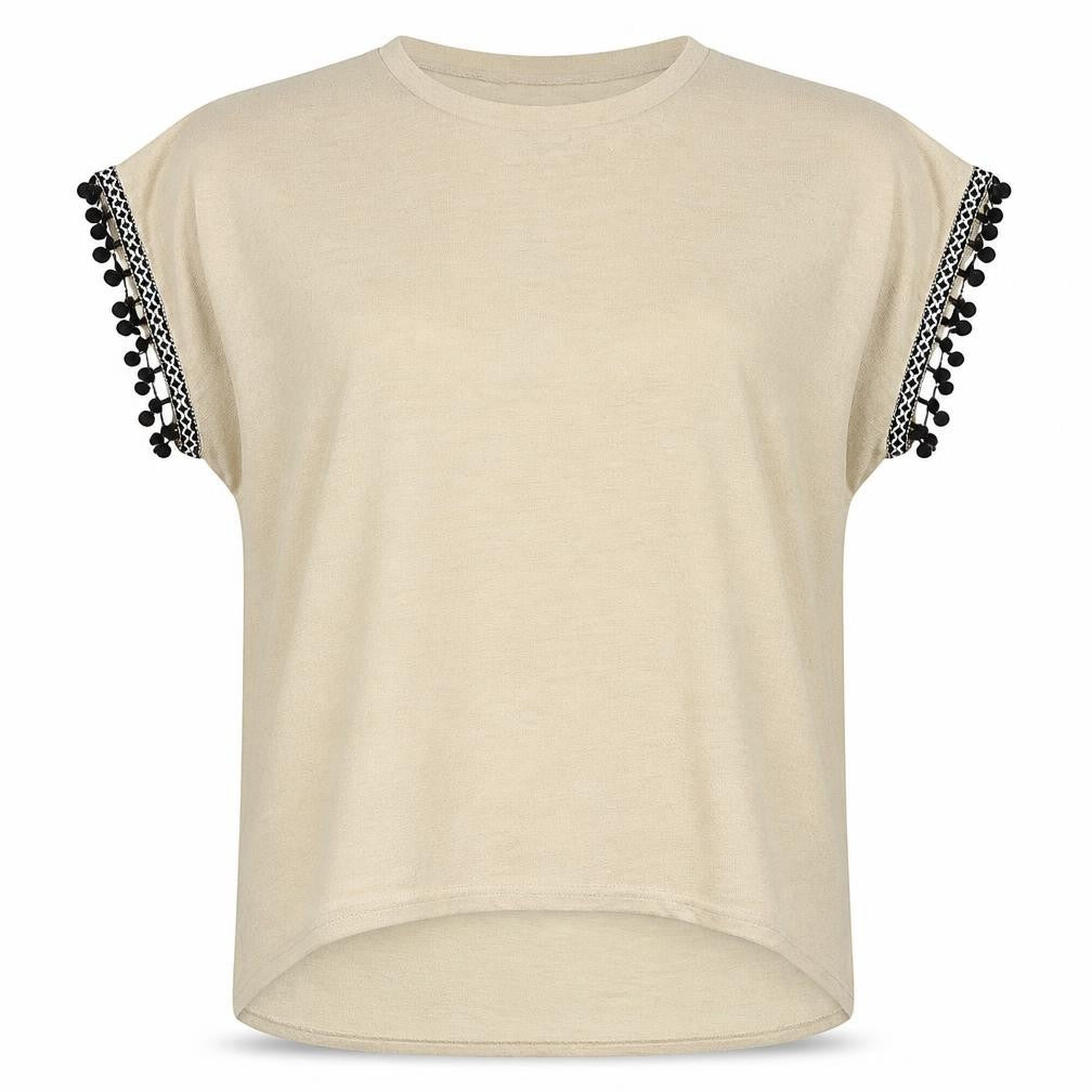 Front view of QED London women’s beige polyester basic t-shirt, size M, boat neck - pom pom
