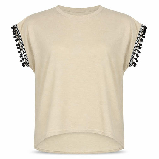 Front view of QED London women’s beige polyester basic t-shirt, size M, boat neck - pom pom