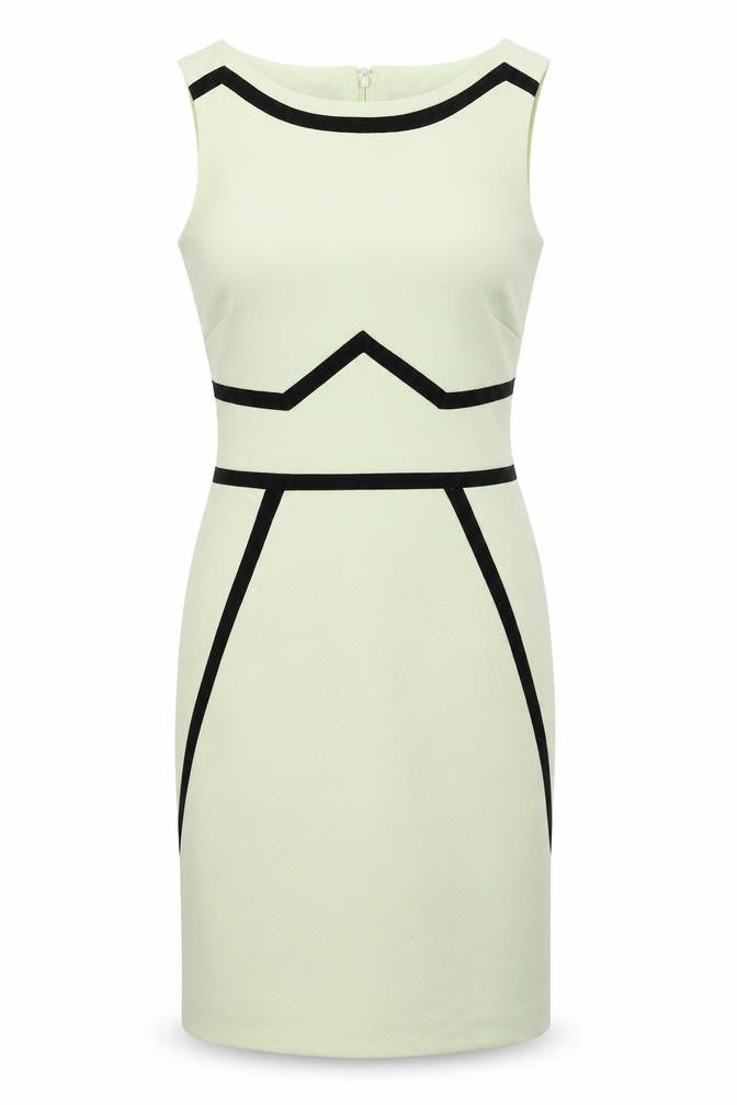 Front view of Dorothy Perkins women’s green geometric polyester pencil dress, size UK 10, boat neck zip