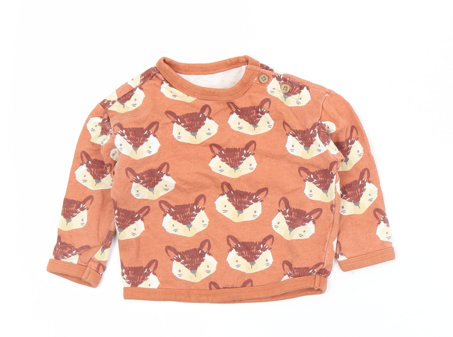 TU Girls Brown Geometric Cotton Pullover T-Shirt Size 6-9 Months Crew Neck Button - Fox