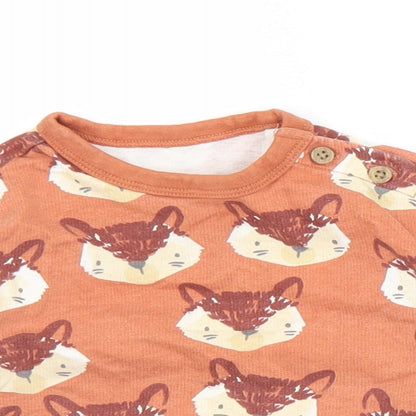 TU Girls Brown Geometric Cotton Pullover T-Shirt Size 6-9 Months Crew Neck Button - Fox