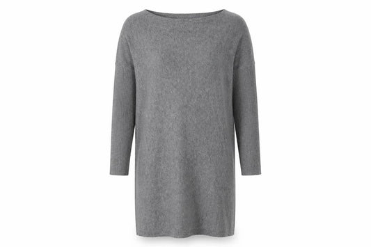 Front view of Stella women’s grey viscose jumper dress, size UK 10, boat neck