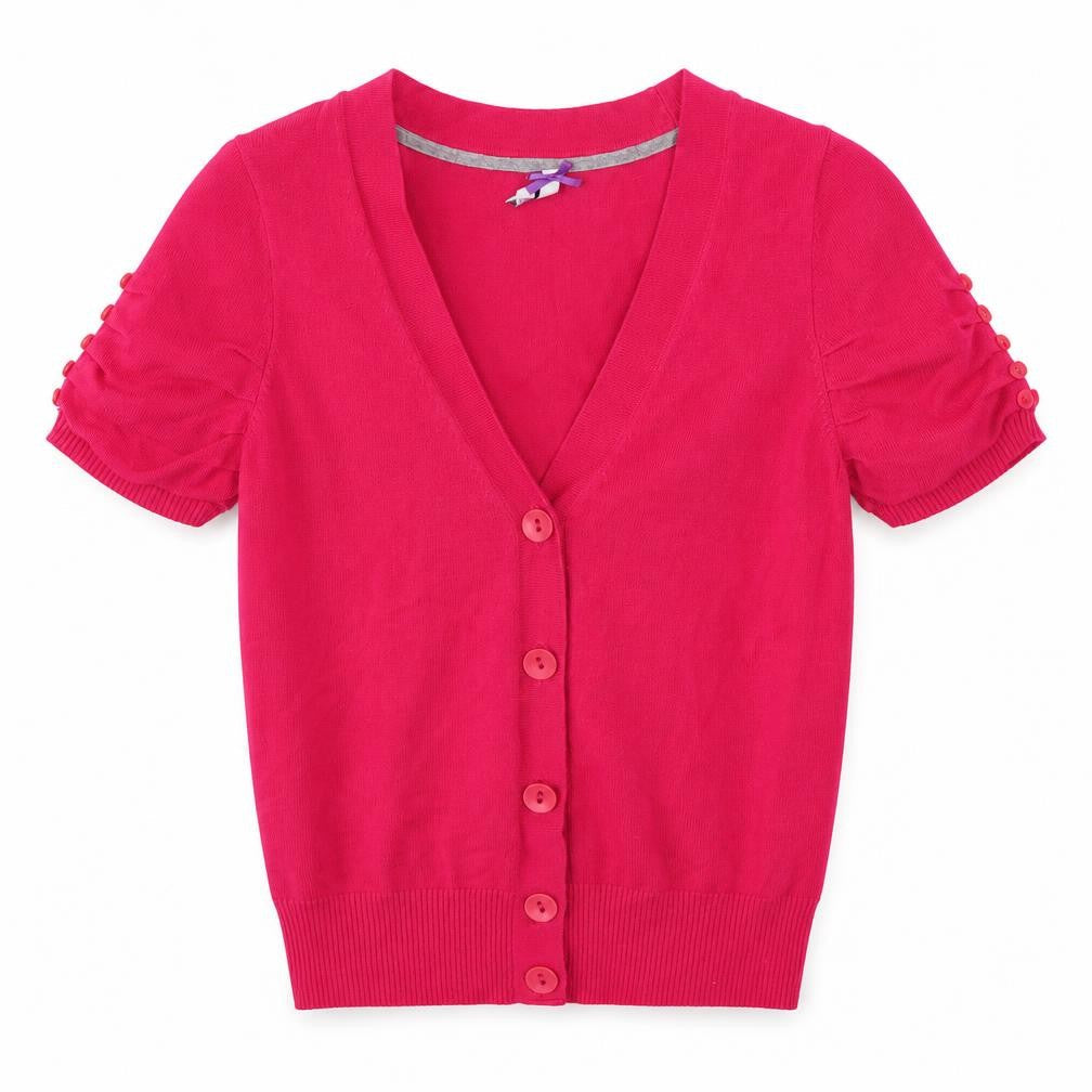 Front view of BHS women’s pink v-neck viscose cardigan jumper, size UK 10